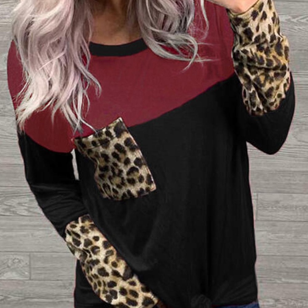 Black Color Block Splicing Leopard Printed Pocket